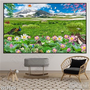 Tranh trang trí cây cầu nhỏ giữa hồ sen sơn dầu trong rừng