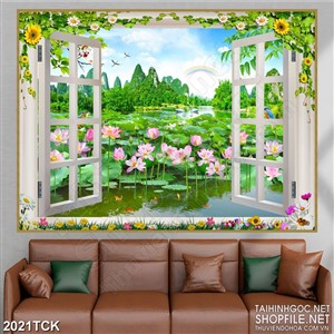 Tranh in uv hồ sen sơn dầu đầy hoa bên dưới chân núi