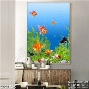 Tranh in 3d những chú ca vàng tung tăng dưới đáy biển