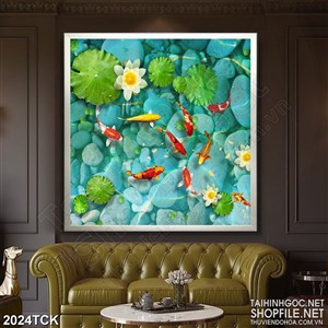 Tranh sơn dầu hoa sen hòn đá dưới dòng nước trong psd