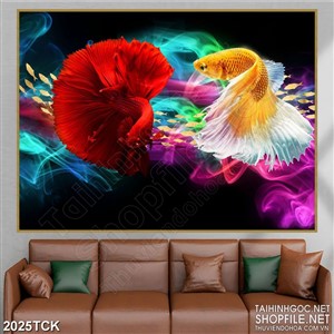 Tranh cá sim betta quẩy đuôi dài khoe sắc màu in treo tường