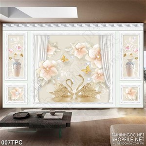 Tranh phào chỉ rèm màn đôi thiên nga trắng bên cửa sổ psd