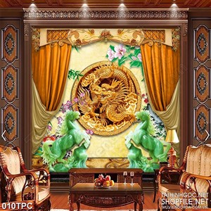 Tranh rèm màn ngựa giả ngọc bên rồng vàng decor trang trí