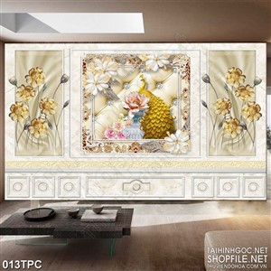 PSD tranh phào chỉ nghệ thuật chim công xòe đuôi bên hoa sen