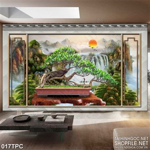 Tranh phào chỉ rèm màn psd cây bonsai treo tường nhà