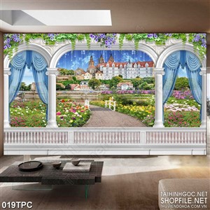Tranh phào chỉ 5d khu vườn hoa trước lâu đài nguy nga