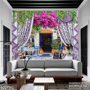 Tranh phào chỉ rèm màn psd dàn hoa tím trước hiên nhà