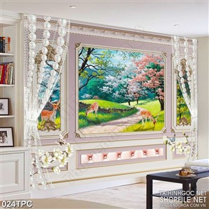 Tranh phào chỉ 5d những chú hươu trên cánh rừng cỏ xanh