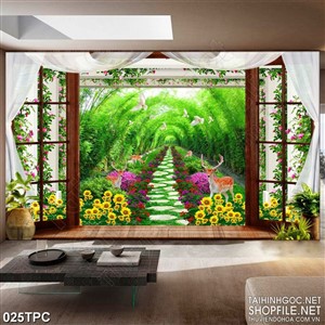 Tranh rèm màn decor trang trí đàn bồ câu trắng trong rừng tre