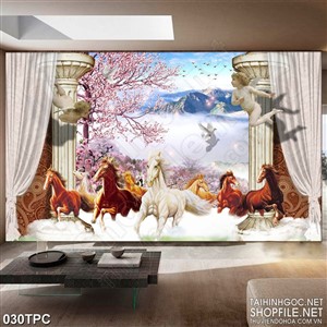 Tranh rèm màn decor trang trí đàn ngựa phi bên rừng hoa đào