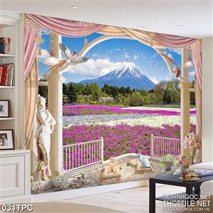 Tranh phào chỉ psd nghệ thuật đồng hoa tím dưới chân núi