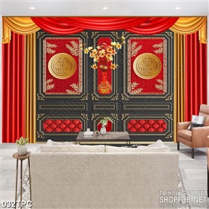 Tranh phào chỉ rèm màn psd màu đỏ rực bên cánh cửa đóng kín