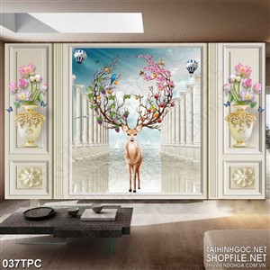 Tranh phào chỉ rèm màn psd chiếc sừng hươu mọc đầy hoa