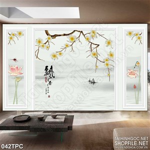 Tranh phào chỉ rèm màn psd cành hoa anh đào trên sông