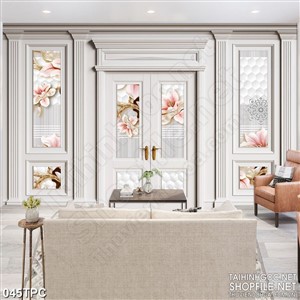 Tranh rèm màn decor trang trí đầy hoa trên cánh cửa trắng