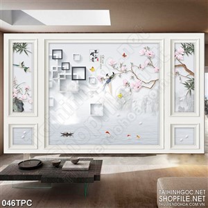 Tranh phào chỉ psd nghệ thuật cành hoa đào trên bờ sông