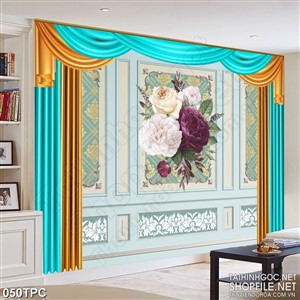 Tranh rèm màn decor trang trí bông hoa mẫu đơn nở rộ