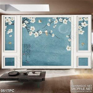 Tranh phào chỉ psd nghệ thuật cành hoa anh đào bên trăng