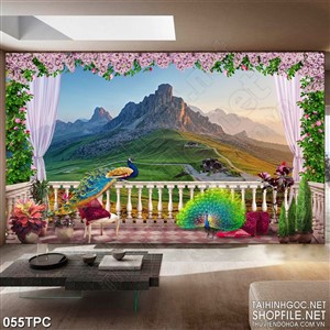 Tranh rèm màn decor trang trí đôi chim công bên chân núi