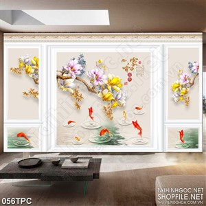 Tranh phào chỉ psd nghệ thuật đàn cá nhảy bên hoa dáp vàng