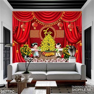Tranh phào chỉ rèm màn psd đôi linh đồng bên chậu mai