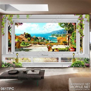 Tranh phào chỉ psd nghệ thuật thành phố trên bờ biển xanh