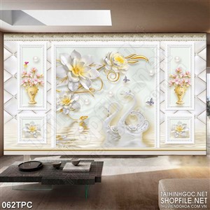 Tranh phào chỉ rèm màn psd đôi thiên nga bên hoa ngọc trắng