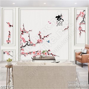 PSD tranh phào chỉ nghệ thuật cành hoa đào bên đàn bướm