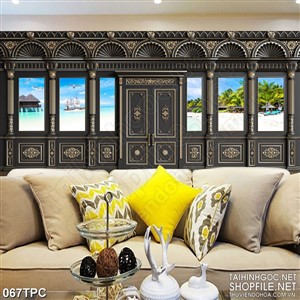 Tranh phào chỉ rèm màn psd phong cảnh biển trên bức tường