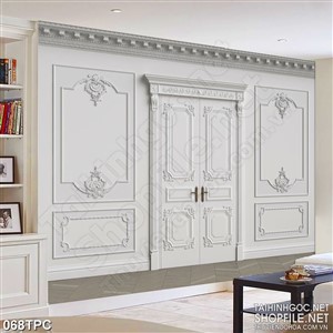 Tranh phào chỉ 5d cánh cửa trắng trên bức tường trắng cổ điển