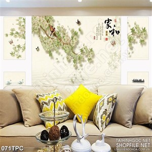 Tranh phào chỉ psd nghệ thuật đôi chim trên cành hoa trắng