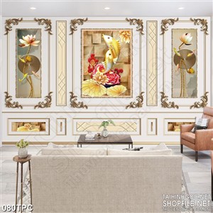 Tranh rèm màn decor trang trí đôi cá chép vàng trong hồ sen