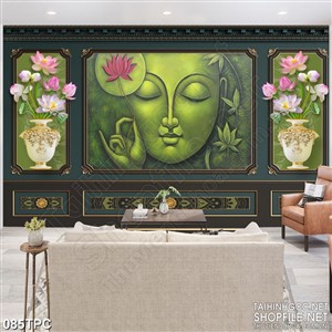 Tranh phào chỉ 5d Quan Âm Bô Tát bên bông sen hồng