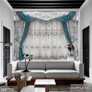 Tranh phào chỉ psd nghệ thuật chiếc rèm màu xanh dương