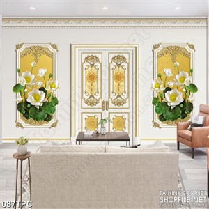 Tranh phào chỉ rèm màn psd đóa sen trắng trên nền màu vàng