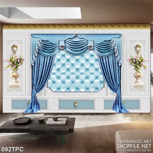 Tranh phào chỉ rèm màn màu xanh bên bức tường xanh psd