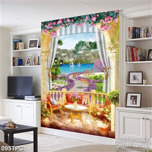 Tranh rèm màn decor trang trí cánh cửa nhìn ra biển xanh