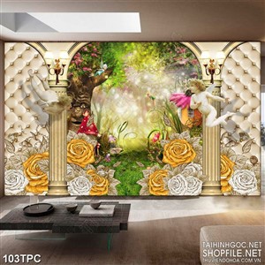 PSD tranh phào chỉ nghệ thuật hoa hồng dáp vàng trong vườn