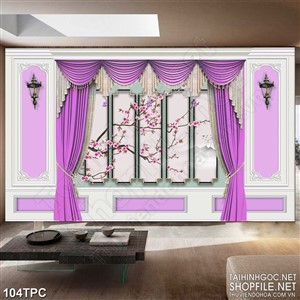 Tranh phào chỉ 5d cành hoa đào khoe sắc bên rèm màu tím