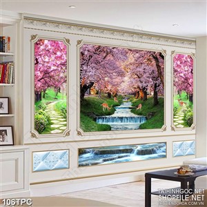 Tranh phào chỉ psd nghệ thuật đàn hươu trong rừng hoa đào