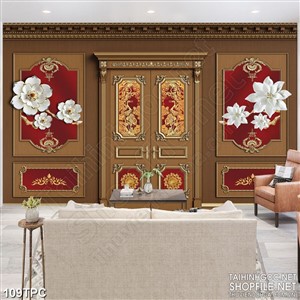 Tranh phào chỉ 5d những cành hoa trắng trên bức tường đỏ