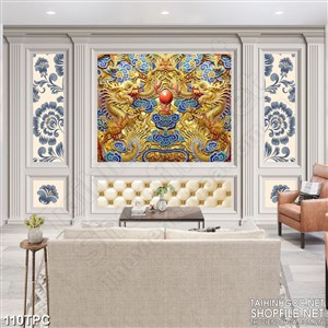Tranh rèm màn decor trang trí song rồng tranh ngọc quý