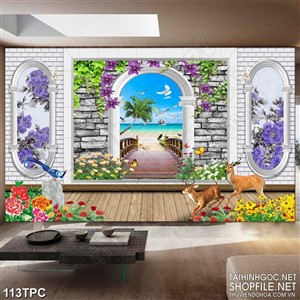 PSD tranh phào chỉ nghệ thuật chiếc cầu gỗ dẫn ra biển xanh