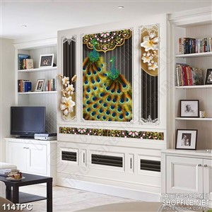 Tranh phào chỉ 5d đôi công xòe đuôi xinh đẹp bên hoa dáp vàng