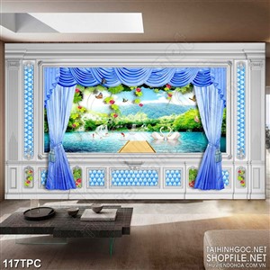 Tranh phào chỉ rèm màn psd đôi thiên nga bên hoa dây leo