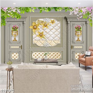 Tranh phào chỉ 5d những bông hoa dáp vàng trên tường xám