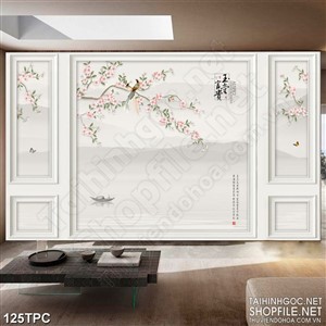 Tranh rèm màn decor trang trí chú chim non đậu trên cành đào