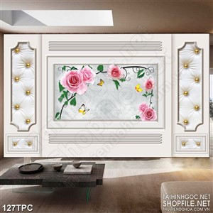 Tranh phào chỉ rèm màn psd cây hoa hồng leo bên đàn bướm