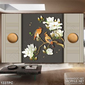PSD tranh phào chỉ nghệ thuật đôi chim đậu trên canh hoa trắng