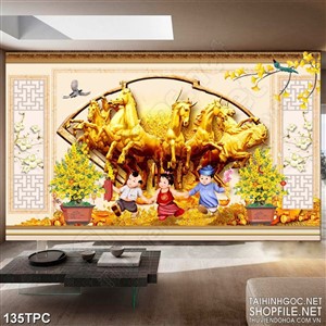 Tranh rèm màn decor trang trí đàn ngựa vàng bên chậu mai